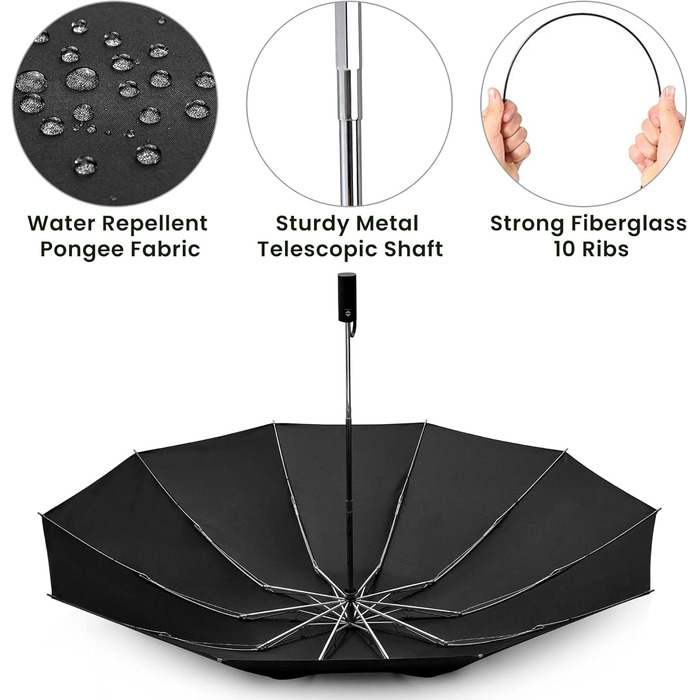 Дюймова парасолька, UPF 50 Захист від ультрафіолету, Відкривати-закривати, Авто, Стійкий до шторму, Компактний, 10 ребер, Чорний, 4Free 54-