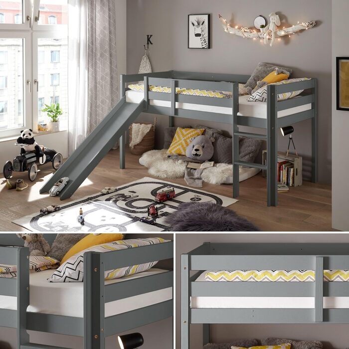 Зі сходами та лежачою поверхнею 90 х 200 см - Компактні дитячі полиці з масиву сосни, білі - 97 x 113 x 207 см (W/H/D) (Pine Grey, ліжко)
