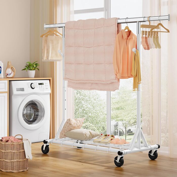 Стійка для одягу на колесах FAVOOOSTY, металева, мобільна, до 200 кг, швидка установка, білий колір, 1 перекладина