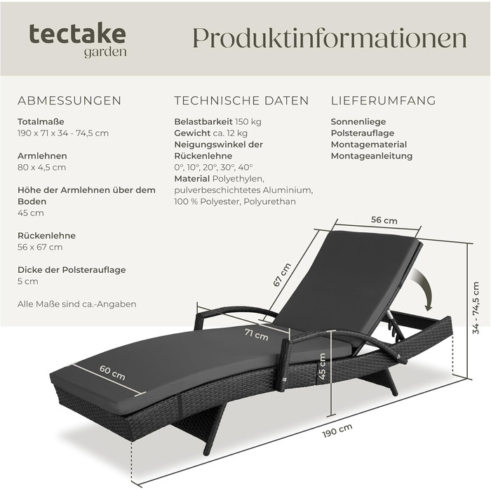 Шезлонг Tectake® з поліротангу, регульована спинка, для саду, балкону та тераси - чорний