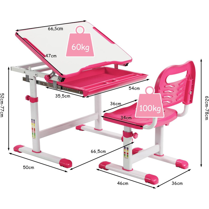 Дитячий письмовий стіл зі стільцем і шухлядою, що відкидається, для хлопчиків і дівчаток (рожевий)