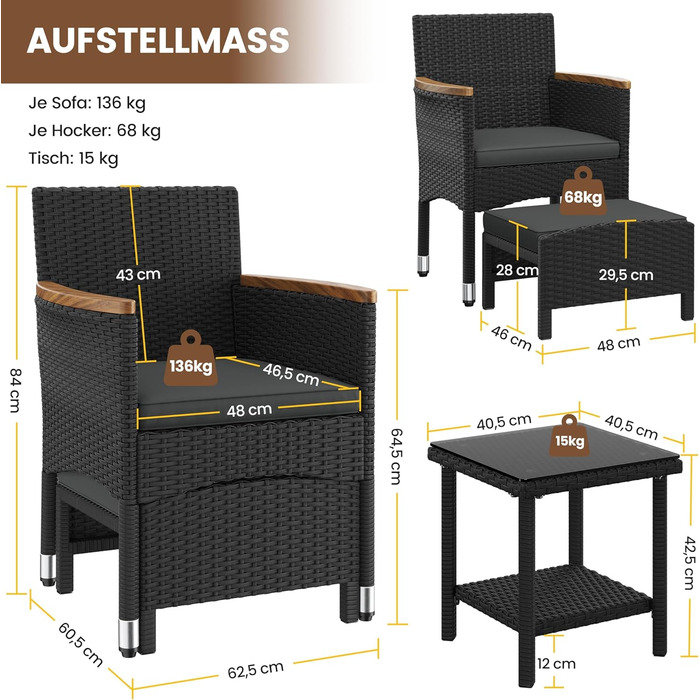 Садовий набір меблів Yaheetech 5 предметів: 2 крісла, 2 пуфи, столик для балкона та тераси (чорний та сірий)