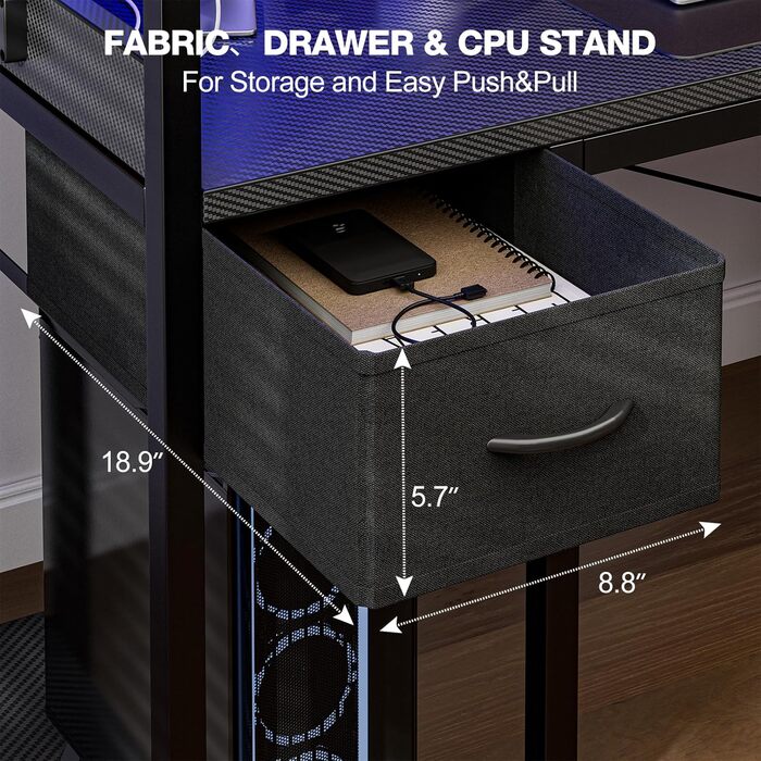 Ігровий стіл Grandder 120 см з розеткою та LED-підсвічуванням, комп'ютерний стіл з регульованими полицями та шухлядою, білий (100 x 50 см, карбоновий дизайн)