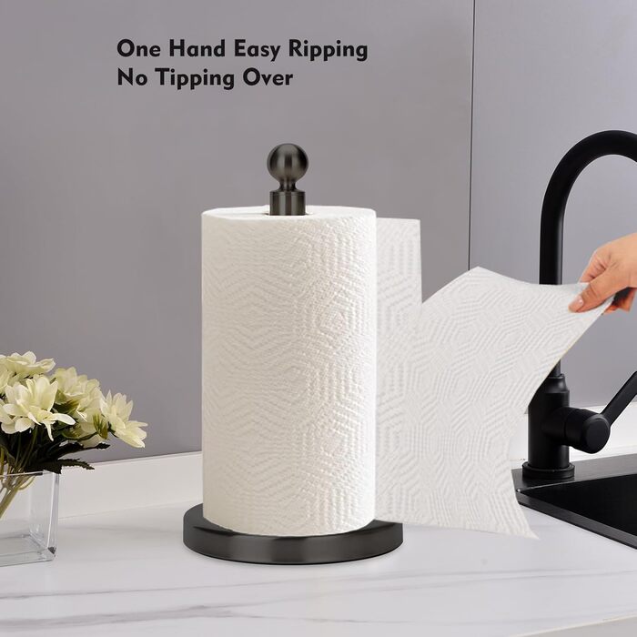 Тримач для паперових рушників на стільницю з обважненою основою для одноручного використання, нековзний, нержавіюча сталь, чорний