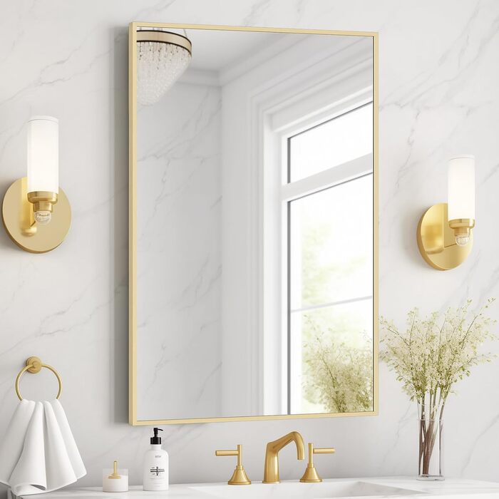 Дзеркало для ванної кімнати Homecookin Goldspiegel, 50.8 x 76.2 см, прямокутне, з металевим каркасом, для встановлення над умивальником, горизонтально або вертикально