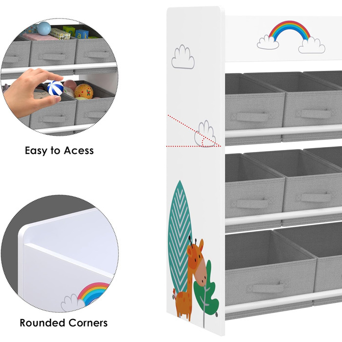Дитяча полиця для іграшок HOCSOK з 10 тканинними коробками для зберігання, полиця для книг, іграшковий ящик на колесах, органайзер для іграшок у дитячій кімнаті, білий