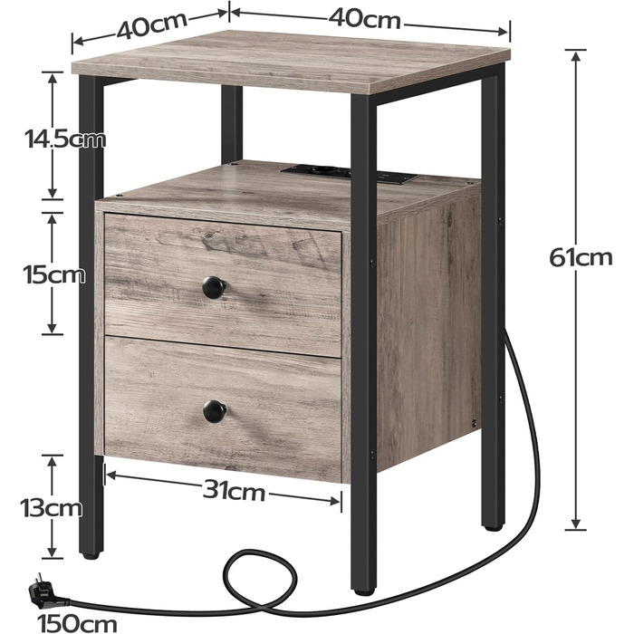 Приліжкова тумбочка з зарядною основою, 2 висувних ящика, USB порти, 40x40x6 см, Vintage Greige Black