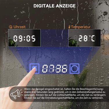 Дзеркало для ванної кімнати YOURLITE з LED-підсвічуванням 100x60 см, сенсорне керування, годинник, антизапар, 3 кольори світла, регулювання яскравості, без запотівання, функція пам'яті, білий