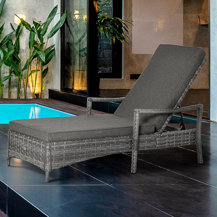 Outsunny Sun Lounger Ротанговий шезлонг Садовий шезлонг з регульованим чохлом на подушці сірий 192x62.5x52.5см для тераси та балкона