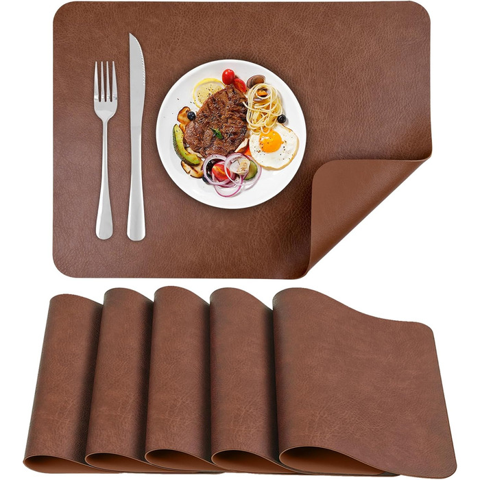 Набори підстав під тарілки з PU-шкіри, 40x30 см, 6 шт, коричневі. Водостійкі, легко миються, для дому, на кухню, на природу.