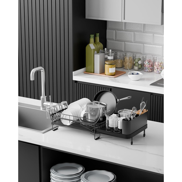 Сушарка для посуду Kitsure, висувна, багатофункціональна, з відділенням для столових приборів, 67.8 x 32.7 x 14.9 см (Чорний)