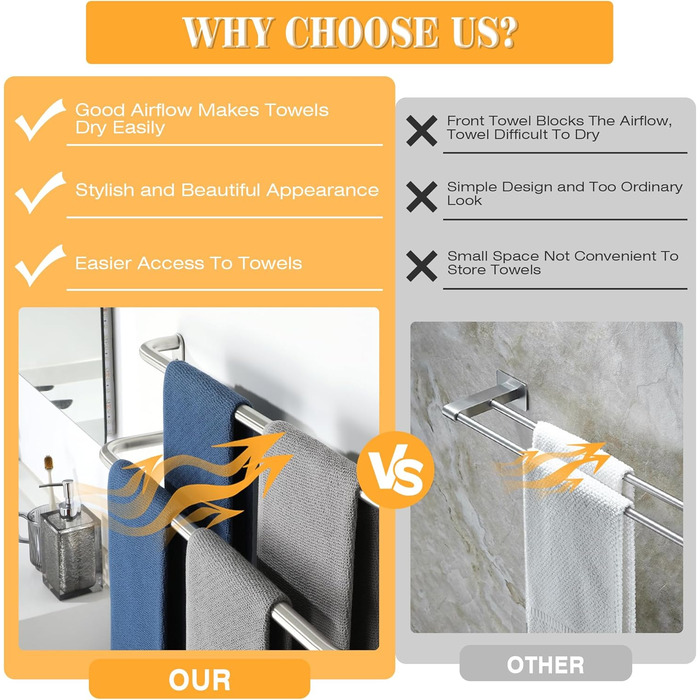 Тримач для рушників подвійний з нержавіючої сталі 304, 60 см, для ванної кімнати та кухні