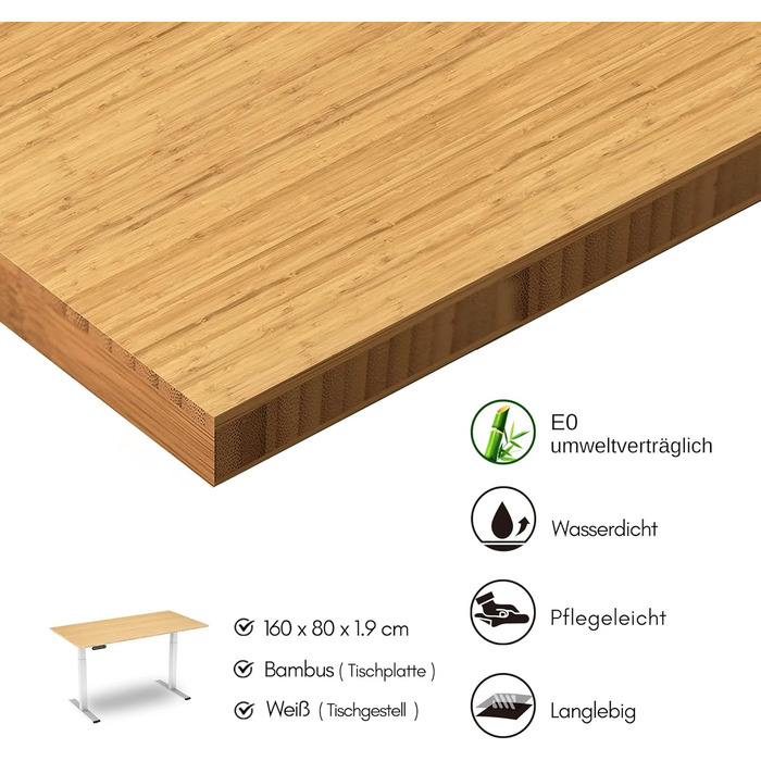 Регульований за висотою стіл-рама, електричний - рама столу з безступеневим регулюванням, 3 пам'яті, комп'ютерний стіл з 2 моторами (160 x 80 см, білий + бамбук)