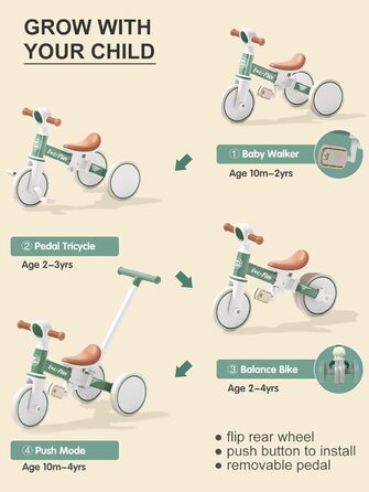 Дитячий біговел-триколіс LOL-FUN 5-в-1 з ручкою, зелений - для хлопчиків та дівчаток від 1 року