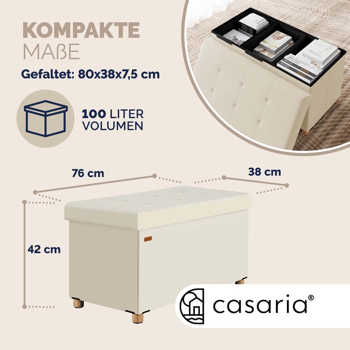 Зручна лавка з м'якою оббивкою кольору бежевого кольору розміром 76x38x42 см з місцем для зберігання та функцією складання.