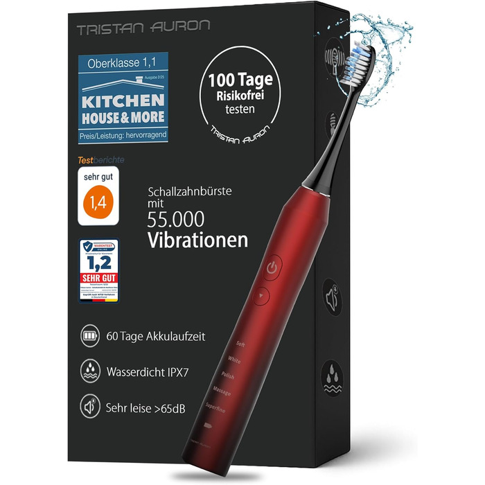 Електрична зубна щітка Tristan Auron – 55 000 вібрацій, 5 режимів, 60 днів роботи від акумулятора, компактна та тиха, 2 насадки, для бережного очищення зубів (червона)