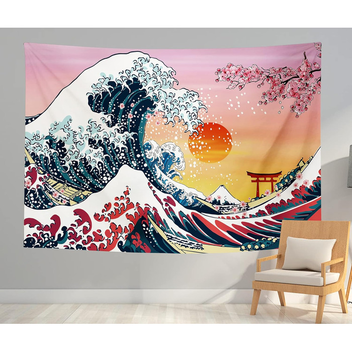 Японський гобелен, The Great Wave Sunset настінний, рожевий, 200x150см