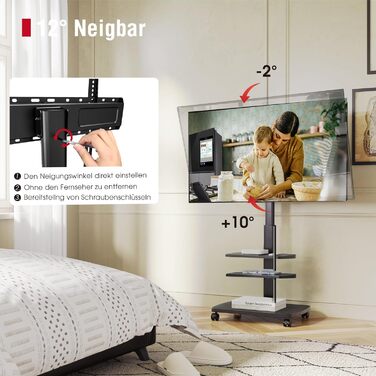 Підставка для телевізора мобільна з поличками Holz, 32-65 дюйми, чорна, VESA 400x400, до 40 кг