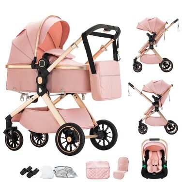 Дитячий візок 3 в 1 Kinderwagen Alltags Buggy рожевий: люлька, прогулянковий блок, автокрісло, алюмінієва рама