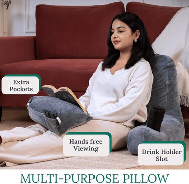 Storrejoy Велике подушко-крісло для читання - спинка для сидіння в ліжку з підлокітниками, знімною подушкою для голови, з піною з пам'яті, тримачем для книги/планшета, кишенями для зберігання та отвором для ручки (Антрацит) Темно-сірий