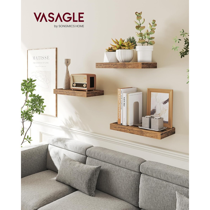 Настінна полиця VASAGLE, 3 шт. у наборі, 20 x 80 x 3,8 см, вінтажний колір, для фотографій, декору, вітальні, кабінету, кухні