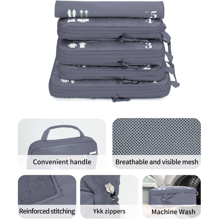 Набір компресійних органайзерів для одягу в подорож ECOHUB, 5 предметів, темно-сірий