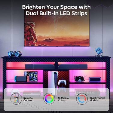 Тумба під телевізор Bestier 70 дюймів з підсвіткою LED, для PS5, чорна карбонова - 160x33.8x66.8 см