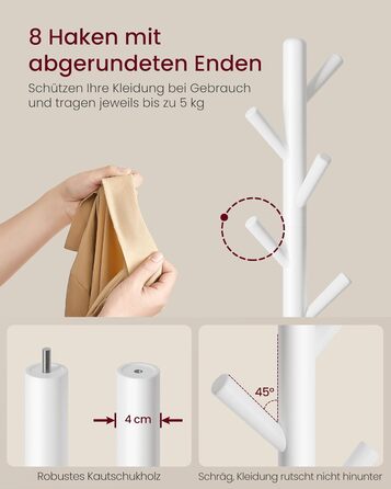 Стійка для одягу VASAGLE, дерев'яна, у формі дерева, з 8 гачками, для передпокою, RCR010B01 (Хмарний білий)
