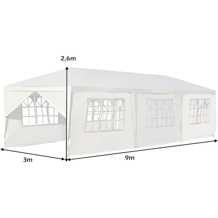 Садова альтанка KOMFOTTEU 3x9 м, шатро з 8 бічними стінками, намет з навісом з металевим каркасом, пивний намет із захистом від ультрафіолету, шатро для вечірки, весілля, білий