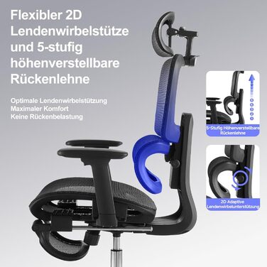Ергономічне крісло для офісу з підніжкою та подушкою для шиї, 5-рівневе регулювання спинки, 2D підтримка попереку, 3D підлокітники/підголівник, функція нахилу 145°, сітчасте сидіння, гумові колеса, чорний колір, Pro
