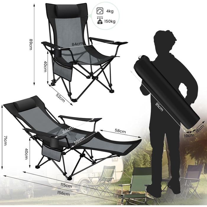 Крісло для кемпінгу WOLTU складне, крісло для риболовлі складне ультралегке, шезлонг складаний стілець розкладний стілець, шезлонг пляжний шезлонг з регульованою спинкою підставка для ніг, 150 кг CPS8162 (чорний сірий)