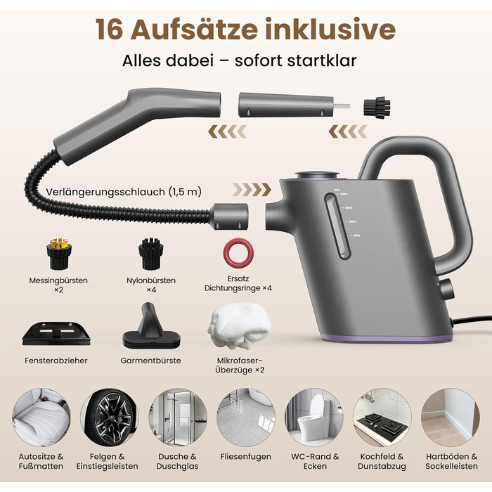 Портативний відпарювач 550 мл, 1500 Вт, з аксесуарами, для кухні, ванної, вікон, авто та оббивки (фіолетовий)