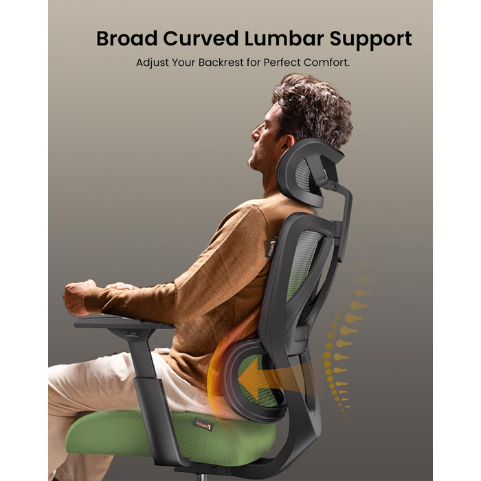 Крісло офісне ProtoArc EC100 зелене - ергономічне комп'ютерне крісло з товстим пружинним сидінням, підтримкою попереку, регульованими підлокітниками та підголівником, поворотне крісло з сітчастою спинкою для дому та офісу