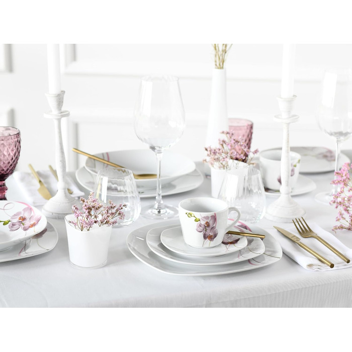 CreaTable Серія Square Orchidee: 18-частинний порцеляновий кавовий сервіс на 6 осіб, для кави, миття в посудомийній машині та використання в мікрохвильовій печі