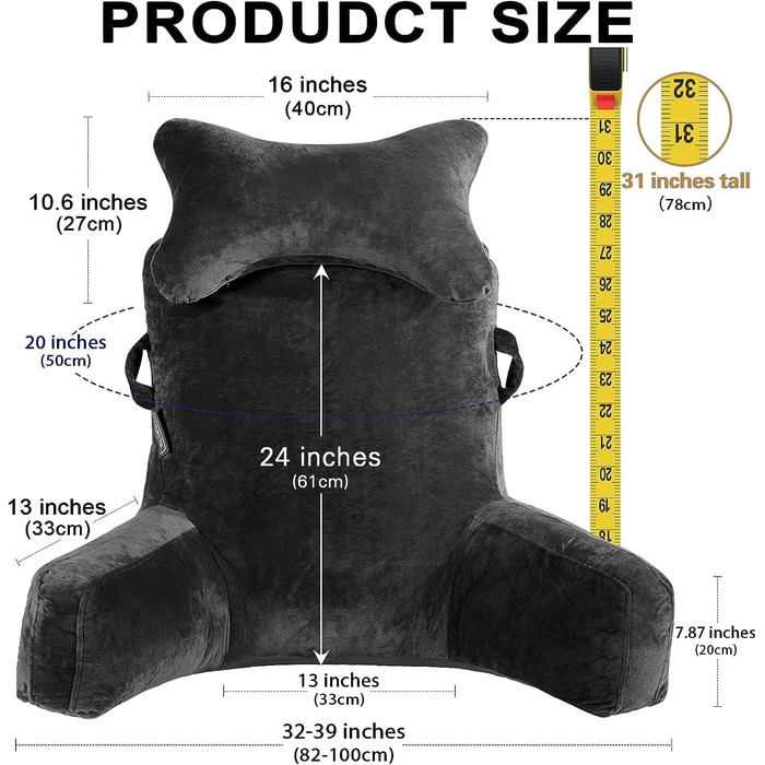 Підкова для читання з підголовником та підлокітником, сіра, XL | Підкова для читання, подушка для відпочинку, підлокітник для ліжка, дивана, підлоги