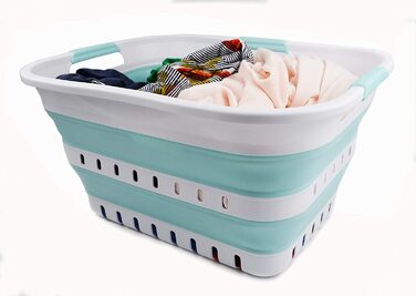 Складна Пластикова корзина для білизни SAMMART 30L з 3 ручками-складаний спливаючий контейнер для зберігання / Органайзер-портативний піддон для прання-компактна корзина /кошик (білий / морський зелений)