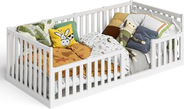 Дитяче ліжко Bellabino Cuvo із захистом від падіння, ліжко підлогове 90х200 в т.ч. рейковий каркас, ліжко Монтессорі масив сосни, лаковане (біле)