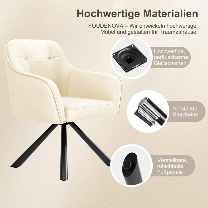 YOUDENOVA Крісла для обідньої кімнати, 360° обертання, з підлокітниками, оксамитові, для обідньої, кухні, вітальні та офісу, набір 2 шт. (Off-white)