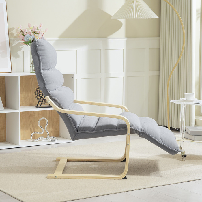 Крісло-релакс з берези, м'яке крісло з регульованою підніжкою, сучасне крісло з підлокітниками, світло-сіре