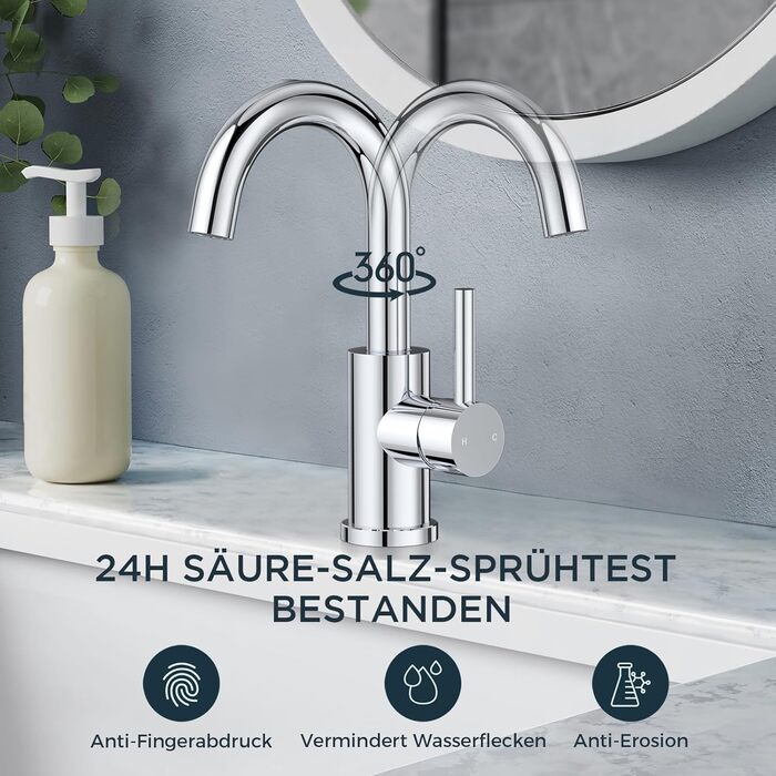 Змішувач для ванної кімнати/кухні FORIOUS Hoch 360° з нержавіючої сталі, з підйомом 175 мм, з підключенням до гарячої та холодної води, полірований хром