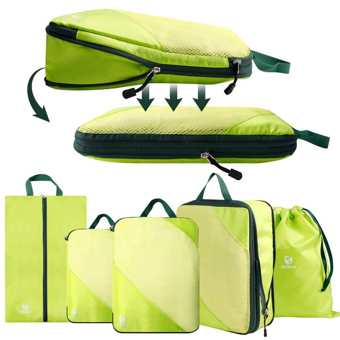 Набір компресійних органайзерів для одягу в дорогу AiQInu, 5 шт. — ультралегкі сумки-пакувальники для валізи з мішком для взуття та білизни, розширювані, зелені