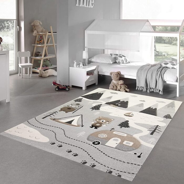 Килим-мрія, килим для дитячої кімнати, килимок для ігор, намет для індіанців з ведмедями, кактус, каное, розмір ялини (160x230 см, сірий кремово-коричневий)