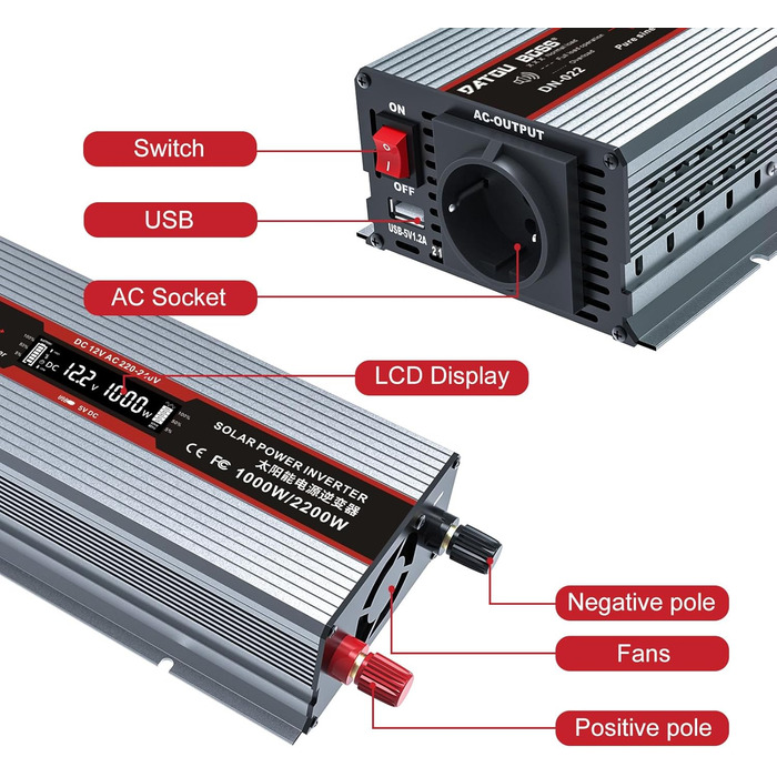 Інвертор DATOUBOSS Перетворювачі напруги від 12 В до 230 В з чистим синусом 1000 Вт/2000 Вт з портами USB та розетками ЄС для будинків, караванів, сонячних систем Сірий 1000 Вт 12 В
