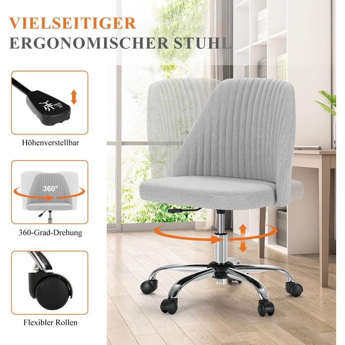 Офісний стілець Refined Living без підлокітників, комп'ютерний стілець на роликах, ергономічний стілець, вантажопідйомність до 113 кг, сірий колір