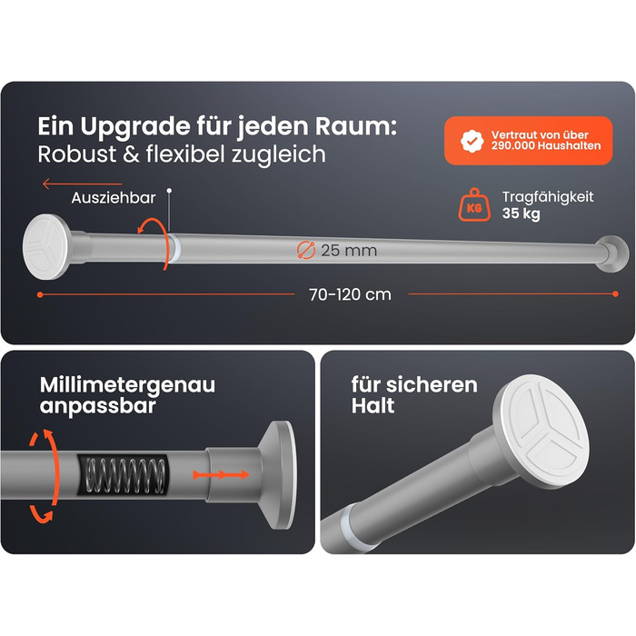 Телескопічна штанга для кріплення 260-310 см, Ø 25 мм, багатофункціональна штанга без свердління. Підходить для карнизів, штор, душових завіс, ванних кімнат та балконів (70-120 см, сіра)