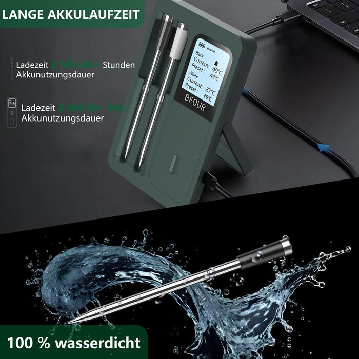 Бездротовий термометр для м'яса з Bluetooth, 2 зонди, LCD-дисплей, керування через додаток, для гриля, барбекю, коптильні, духовки, кухні, BF-40