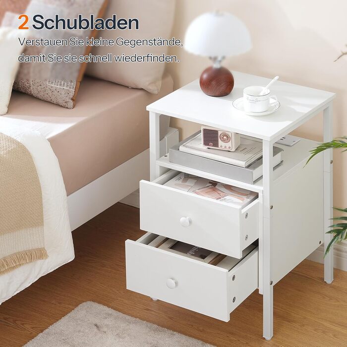 HOOBRO Тумбочка з зарядкою, приліжкова тумбочка, журнальний столик для дивану з 2 шухлядами, білий колір, 39 x 39 x 59 см, EWT43CBZ01G2