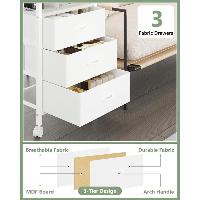 Нічний столик з 3 шухлядами, зарядний станція, 2 розетки AC та 2 USB, з роликами, білий