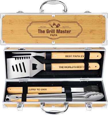 Набір барбекю Papa Geschenke: 4 шт. з нержавіючої сталі, аксесуари для гриля, подарунок для чоловіків, день народження, преміум-якість, набір інструментів для гриля в кейсі для саду та кемпінгу