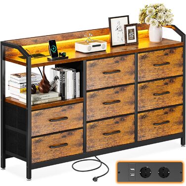 Комод ODK з висувними ящиками та LED-підсвіткою, 10 кольорів, 2 USB та 2 розетки, 8 тканинних ящиків, для вітальні/спальні, 110x30x88 см, вінтажний стиль